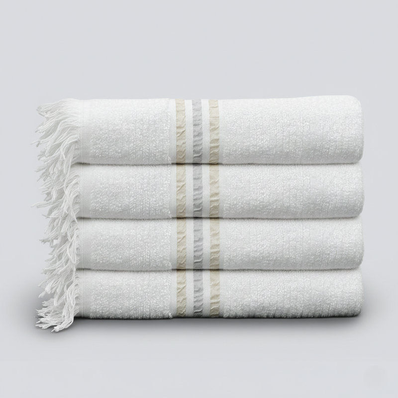 Fringe Bath Towel Set, White/Beige