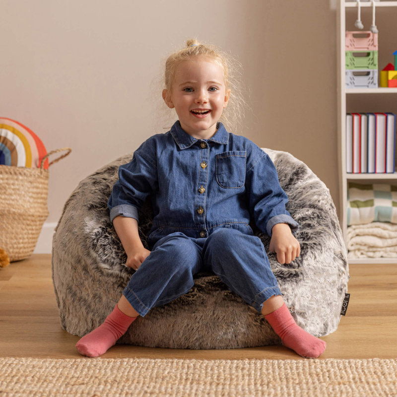 Kids Classic Luxury Faux Fur Bean Bag, Arctic Wolf Grey