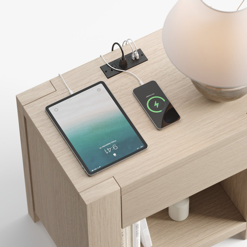 23.6'' 1-Drawer Nightstand With Charging Station, Light Oak
