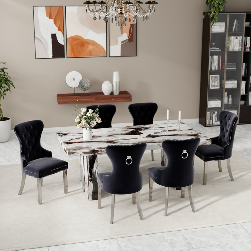  Cavira 7-Piece Modern Dining Set, Faux Marble Dining Table With Four Chairs, Black, 7 Pieces: Table, 6 Chairs, Black