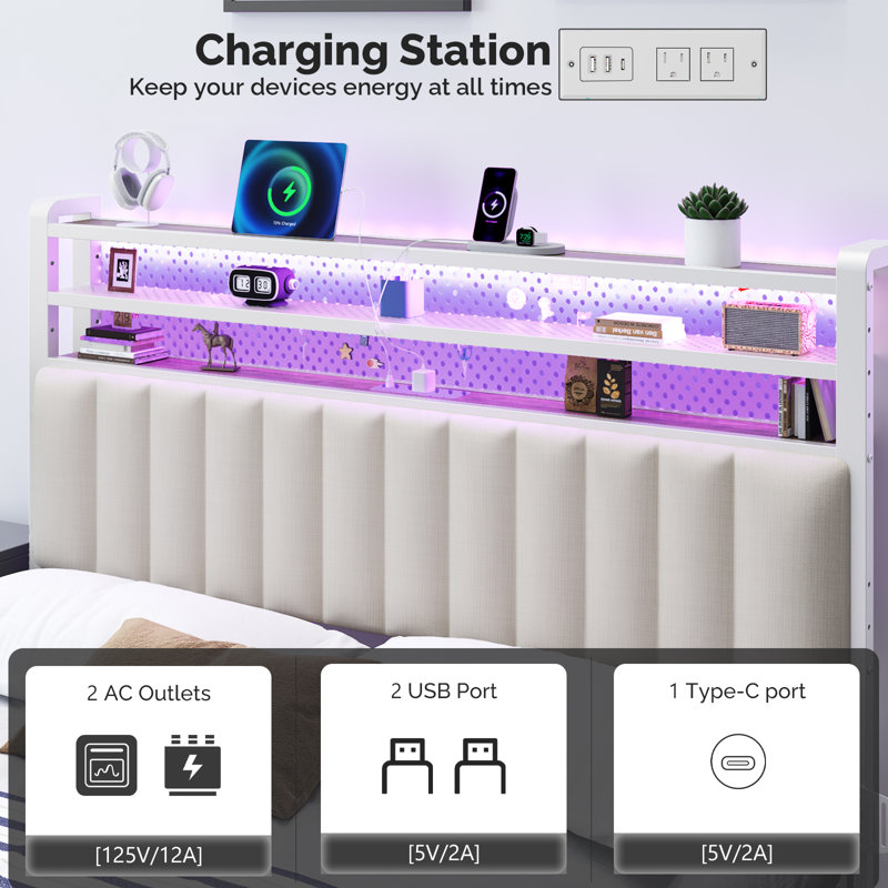King Size Headboard, Adjustable Upholstered Headboard With 3 Tier Shelves And Pegboard With Charging Stations And LED Lights, Modern Bed Headboard With Storage Linen And White