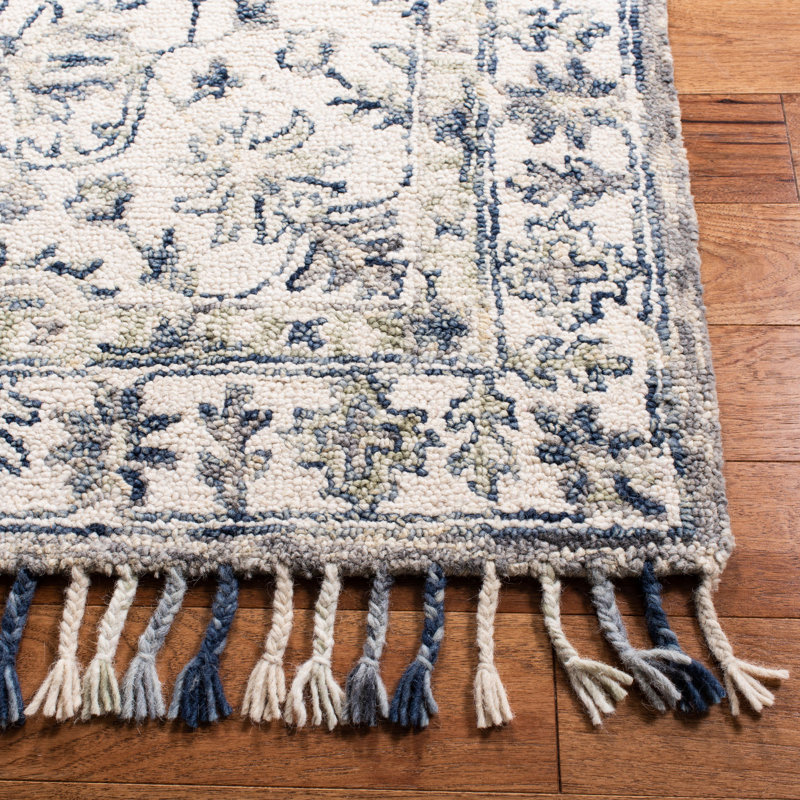 Arkadijus Oriental Hand-Tufted Wool/Cotton Ivory/Blue Area Rug, Rectangle 6' x 9'