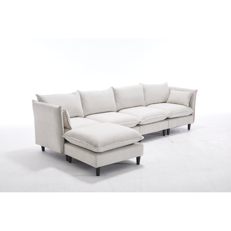 Tatum Modular Sectional Sofa with Movable Ottoman, Beige Fabric
