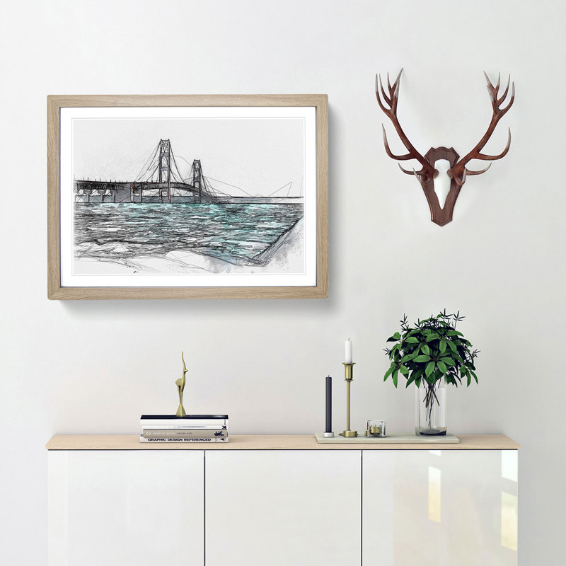 Mackinac Bridge in Michigan - Picture Frame Graphic Art Print, 45cm H x 63cm W x 2cm D, Oak Framed