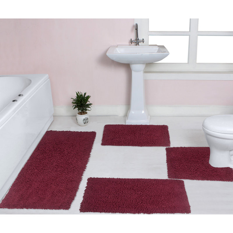 Tapis de bain 100% coton lavable à la machine Fantasia (ensemble de 4), Rouge