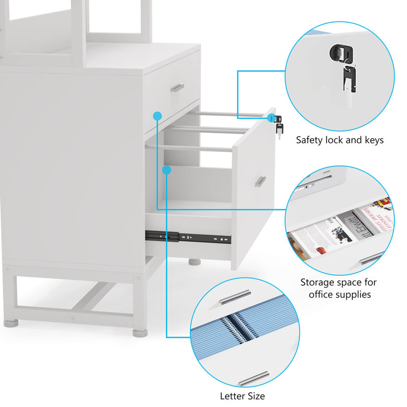 White Vertical 2 Drawer File Cabinet with Lock and Open Shelves