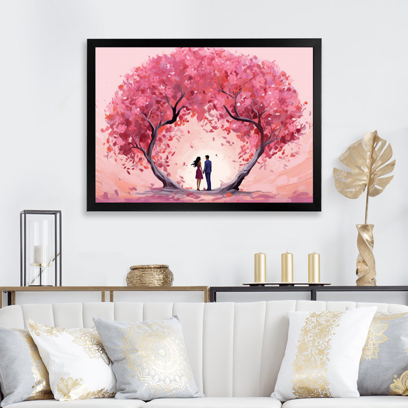 Couple romantique sous un arbre rose I - Art mural romantique, Cadre d'angle fermé noir, H 34 po x l 44 po x P 1,5 po