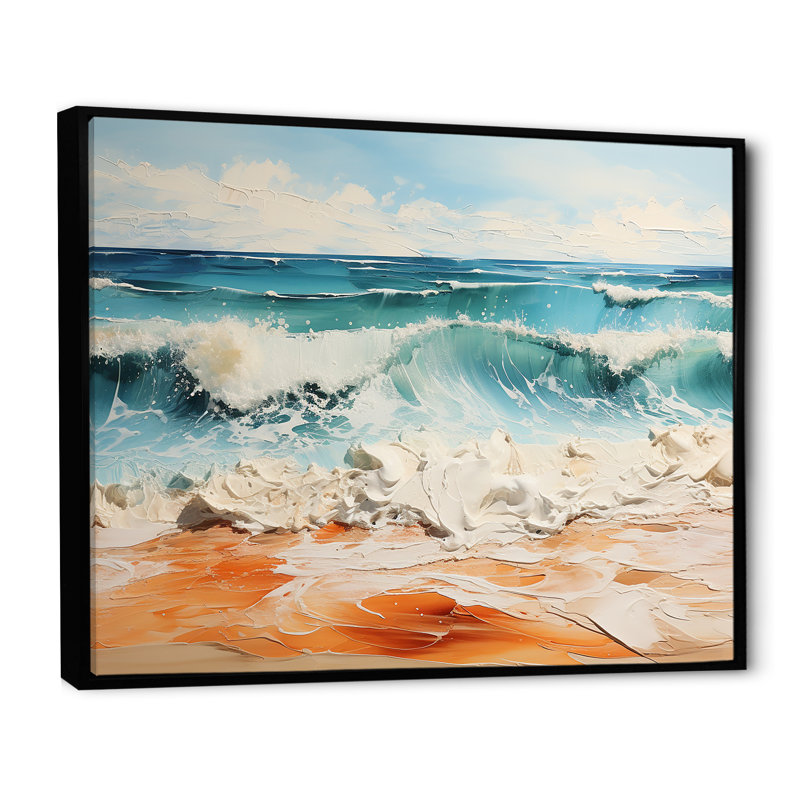 Teal Waves Fight III - Nautique et plage, art mural sur toile, H 12 po x l 20 po x P 1 po, Cadre flottant noir