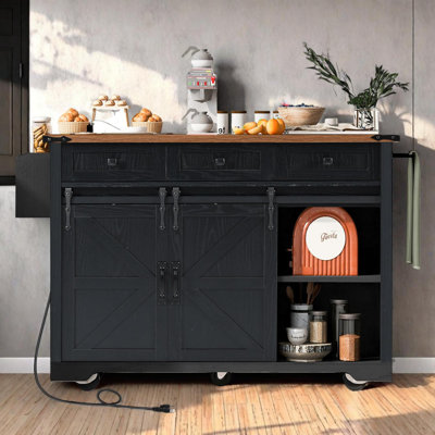 Farmhouse Kitchen Island with Power Outlet, Sliding Barn Doors, Drop Leaf, Spice Rack, Rolling Wheels