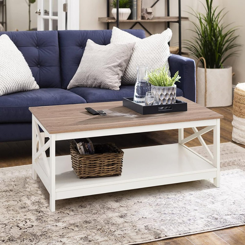 Table basse Farmhouse avec tablette de rangement pour le salon, ivoire