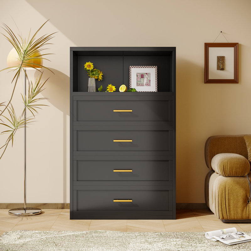 Armoire 4 tiroirs en métal avec comptoir ouvert Mercer41 pour le salon de la chambre à coucher, Noir, noir, noir, noir