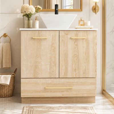 29.9" W Freestanding Bathroom Vanity with Ceramic Vessel Sink, Drawer & Doors