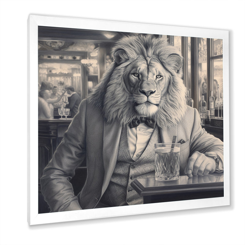 Lion ayant une boisson sur toile, H 36 po x l 36 po x P 1,5 po, Cadre simple blanc