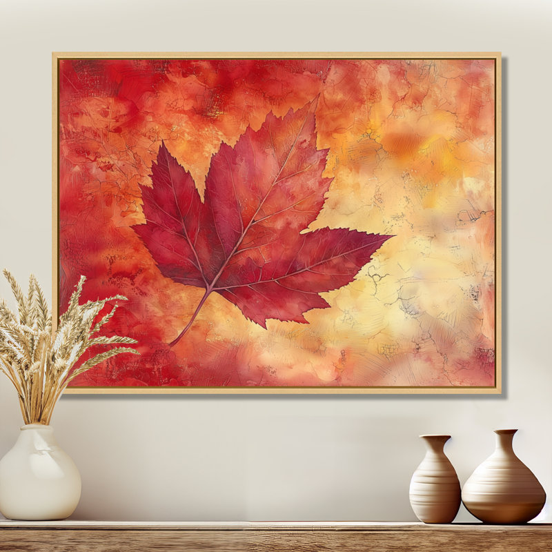 «Irodion Autumn Sunset Maple Leaf II» - feuilles, art mural, H 34 po x l 44 po, Cadre flottant, Naturel