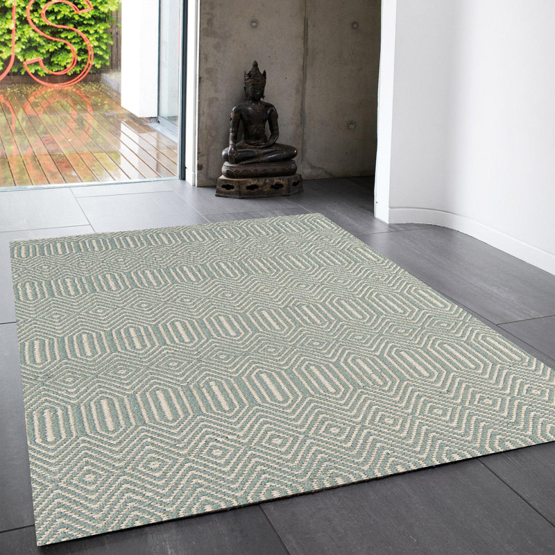 Teal Handmade Modern Wool Easy To Clean Geometric Rug For Dining Room Bedroom And Living Room, Wool/Cotton