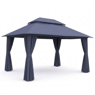 Yardgrace 13 ft. x 10 ft. Soft Top Patio Gazebo with 2-Tier Canopy, Mesh Netting & Privacy Curtains, Blue