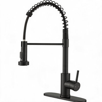 Robinet de cuisine en acier inoxydable noir mat avec douchette rétractable et poignée simple pour les véhicules récréatifs utilitaires de style campagnard et les lavabos de bar