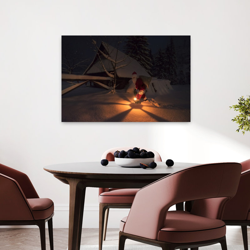 «Santa's Snowy Night Walk», impression d'art mural paysage forestier abstrait rustique, H 24 po x l 36 po