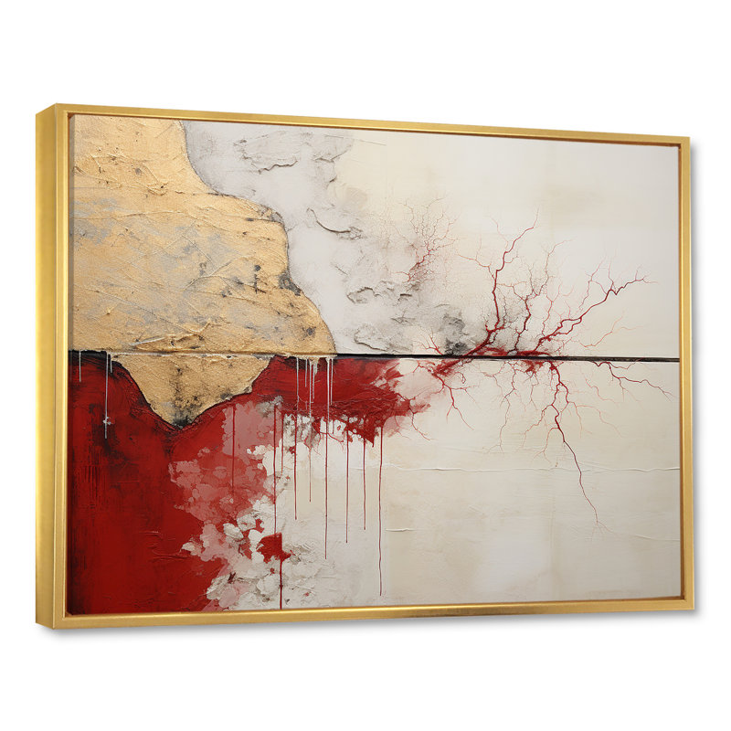 Minimalisme, horizon rouge et or - reproductions d'art murales abstraites, Cadre flottant doré, H 16 po x l 32 po x P 1 po