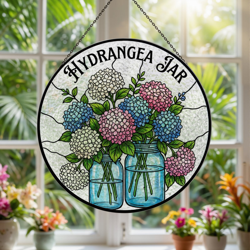 7.8"H Hydrangea Jar Stained Glass Window Panel, 7.8" H x 7.8" W