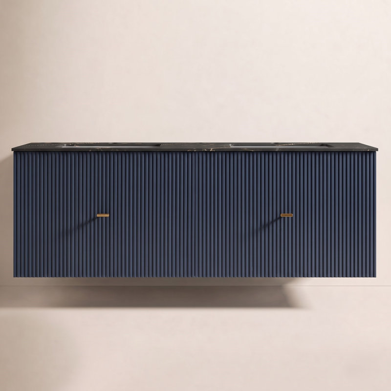 Meuble-lavabo mural moderne Jamell, Bleu très foncé, Noir