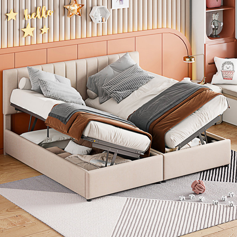 Très grand lit plateforme tapissier avec système de rangement hydraulique, Beige