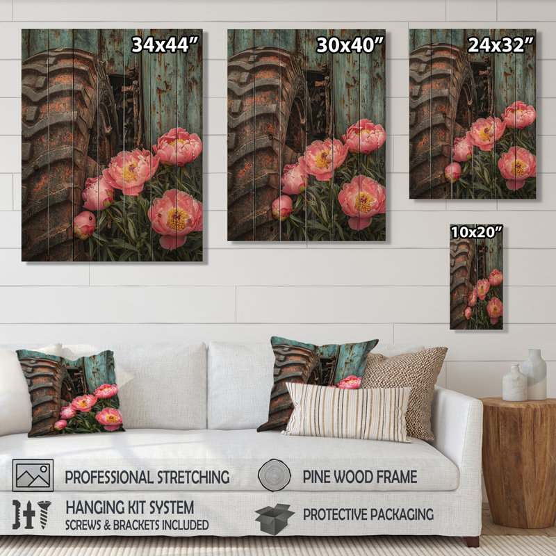 Peonies By The Old Tractor I - Peonies Wood Print - On Natural Pine Wood, 40" H x 30" W x 0.78" D