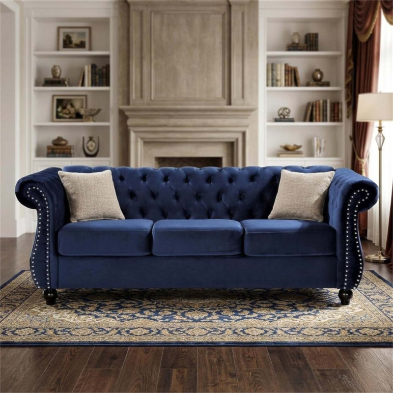 Canapé 3 places Chesterfield, Velours bleu foncé