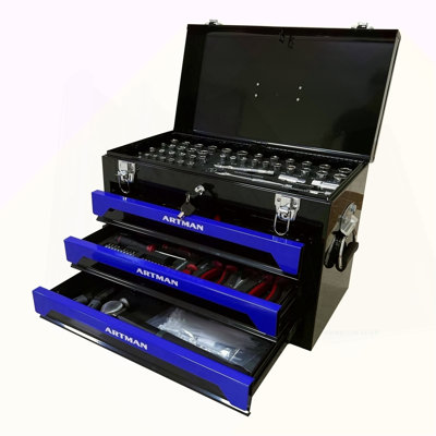 Boîte à outils 20 po à 3 tiroirs en acier, 4 couches d'outils avec loquets en métal, avec plateau de rangement supérieur et poignée de transport, rangement d'outils multifonctionnel pour le garage, la maison ou l'établi, noir et bleu