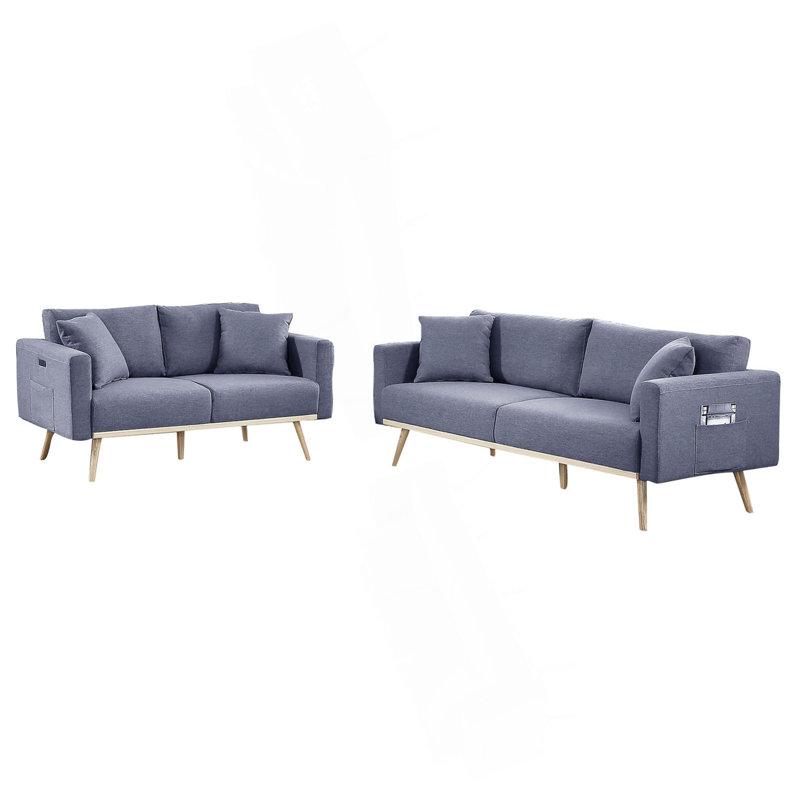 Ensemble de canapé-lit E en tissu de lin gris foncé avec poches de chargement USB et coussins