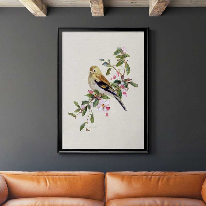 Spring Song Pine Grosbeak - Peinture sur toile encadrée, Cadre noir, H 26,5 po x l 36,5 po x P 1,5 po