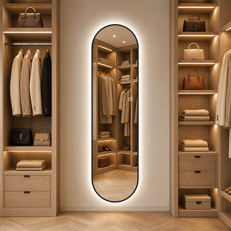 Miroir mural pleine longueur à DEL avec cadre noir et éclairage à intensité variable, montage vertical pour chambre, garde-robe ou entrée