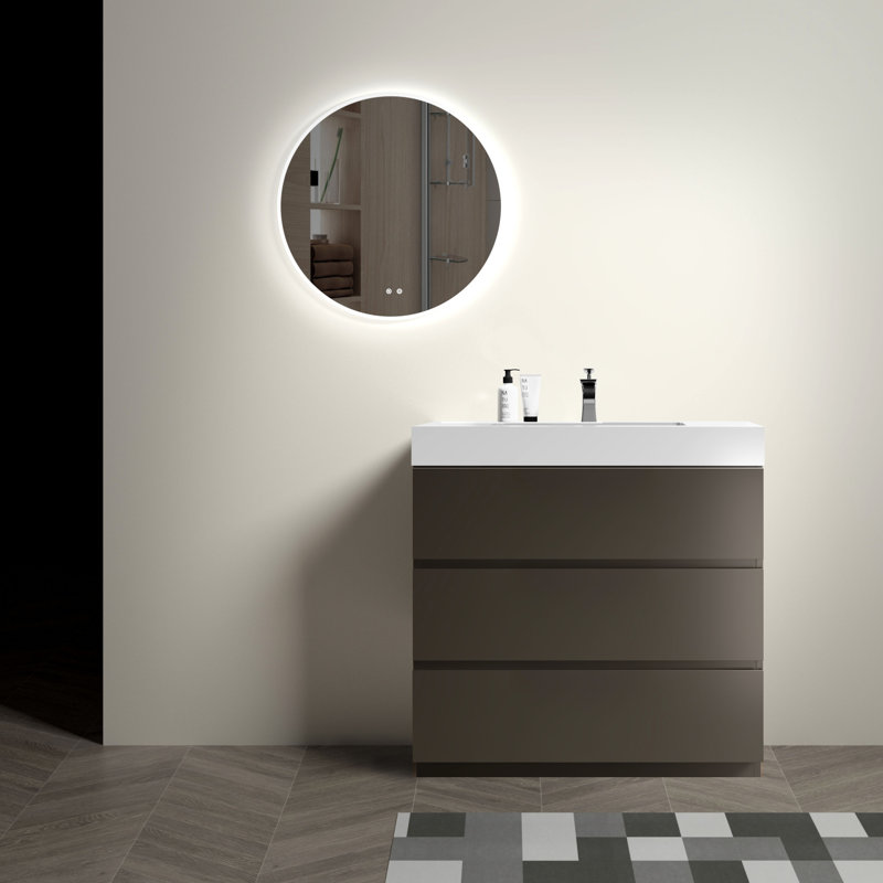 Meuble-lavabo gris 36 po avec lavabo - moderne et luxueux. Finition élégante, rangement maximal. Opération silencieuse et silencieuse. Sans drain ni robinet. Pré-assemblé avec élégance. Rangement, lavabo blanc. Conception ergonomique.