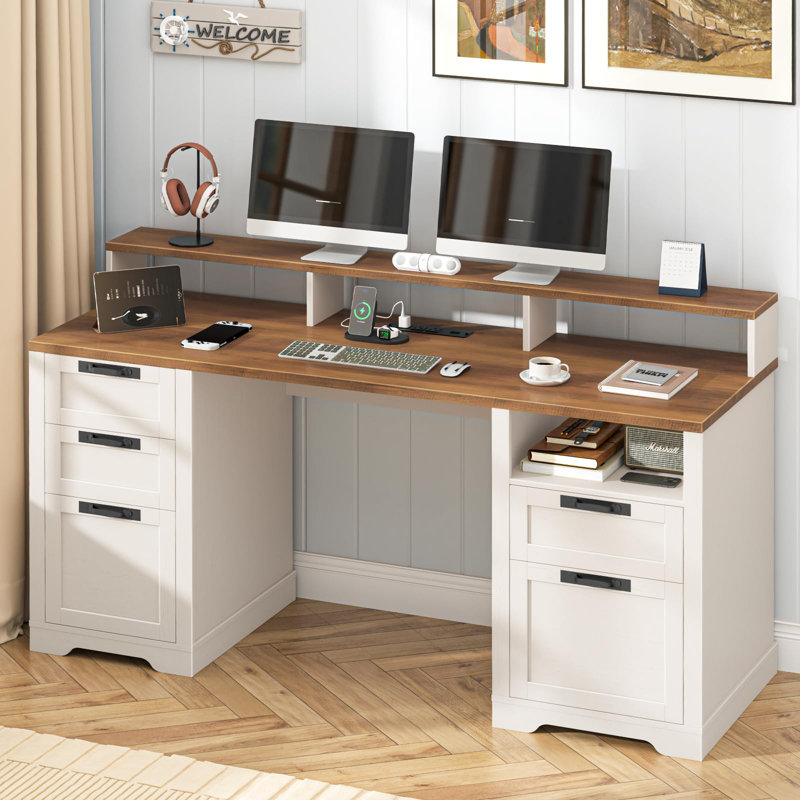 61" Farmhouse Executive Desk With LED Lights And Power Outlets, Brown/White