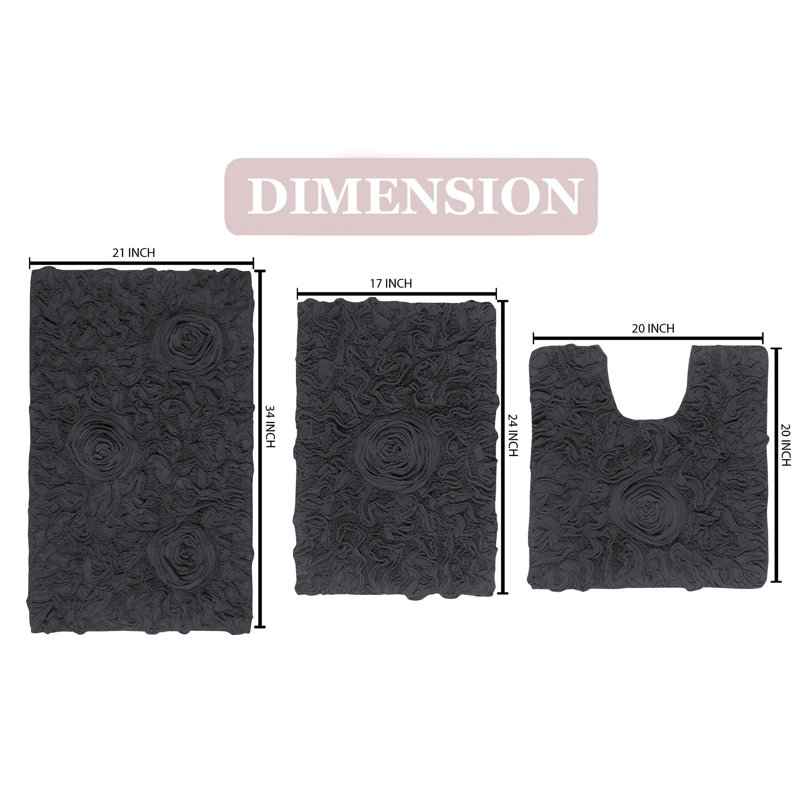Freida Plush Floral Bath Rug Set (Set of 3), Gray