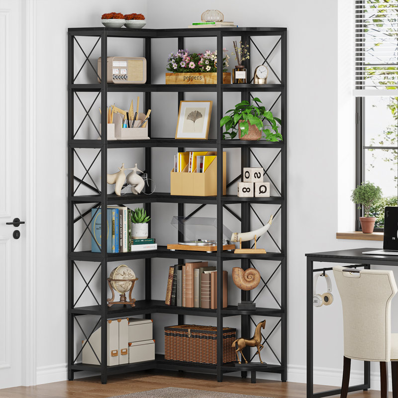 Sheehan Reversible Corner Bookcase, L-Shaped Bookshelf, Black