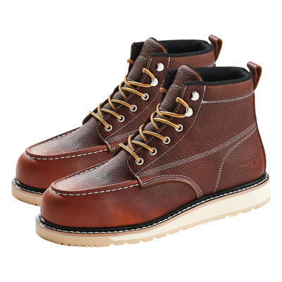 Steel Toe Work Boots, UK Size 12, Waterproof Moc Toe Work Boots for Men, Slip-Resistant Work Boot, Lightweight and Breathable EVA Rubber Sole Mens Boots for Industry Construction, Brown