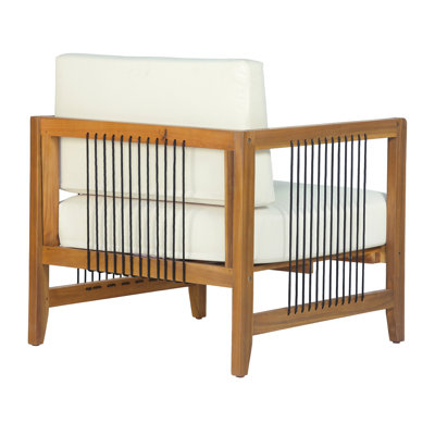 Chaise de patio d'extérieur en bois d'acacia avec coussin beige, fauteuil d'appoint simple en corde pour patio