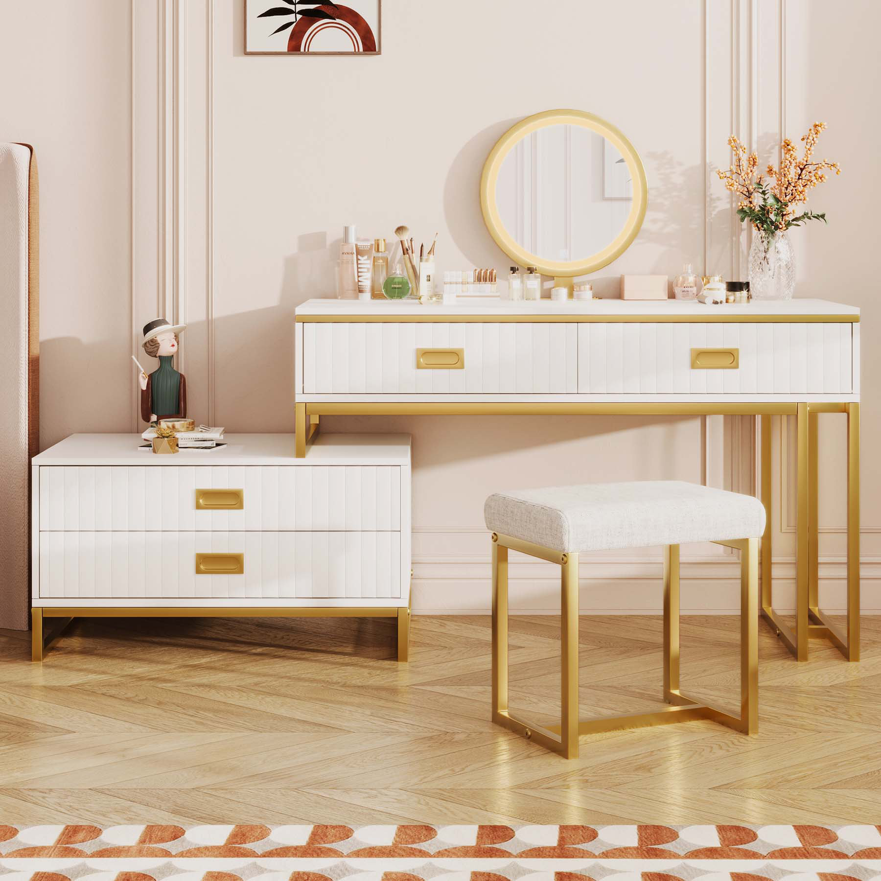 Movable Vanity Everly Quinn Modern Style Vanity Table with Movable Side Cabinet and 4 ...