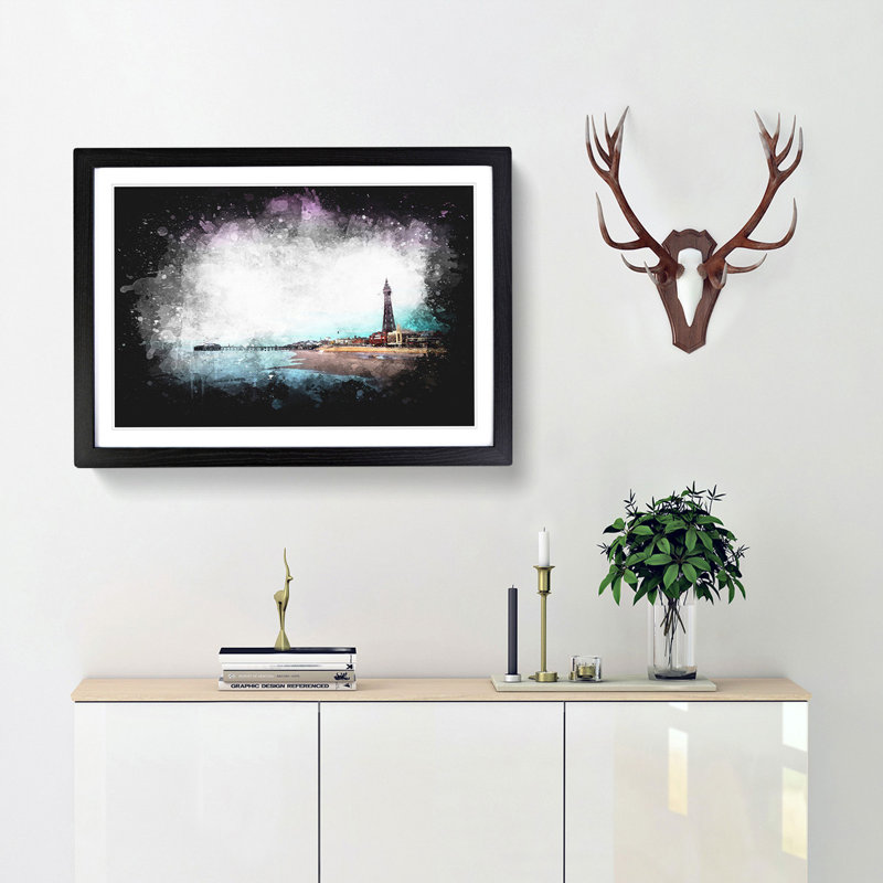 Blackpool Tower and Beach - Picture Frame Painting Print, Black Framed, 33cm H x 45cm W x 2cm D