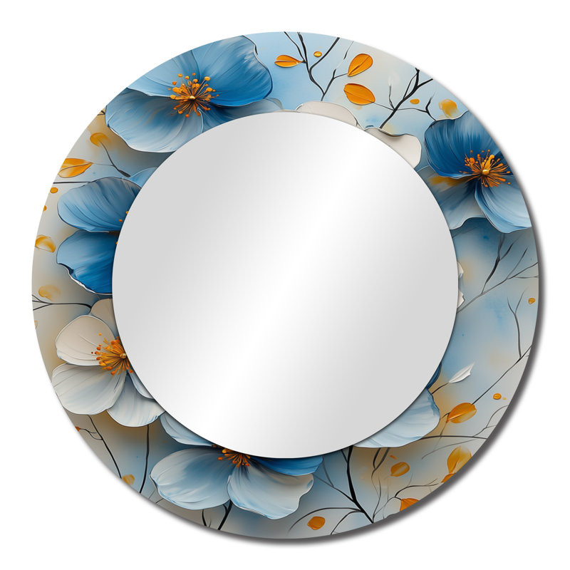 Velvet Cherry Blossoms Blue Simplicity I - Floral Decorative Mirror Wall Art, 23" x 23"