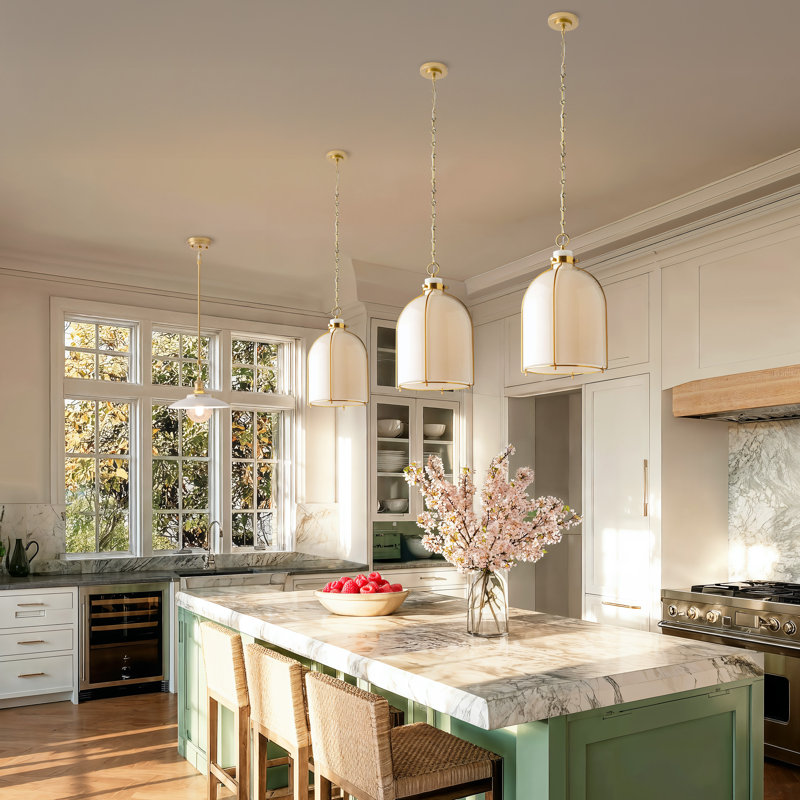 Nestia White Modern Pendant Light – 14" Metal, Glass Gold, Ivory White Lantern 1-Light Hardwired Adjustable Light Fixture for Kitchen Island or Dining Room in Mid-Century Modern, Scandinavian, and Contemporary Style