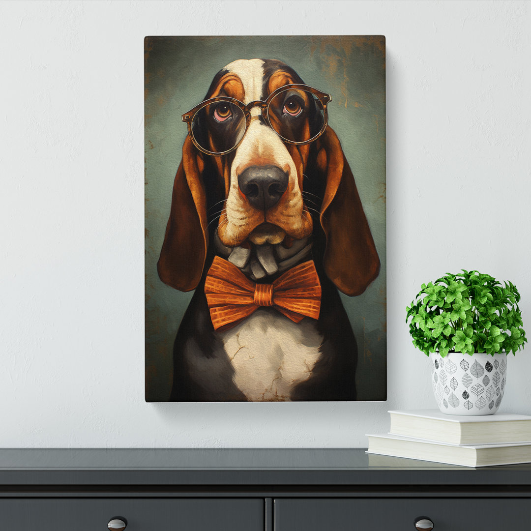 Basset Hound with Glasses Painting - Wrapped Canvas