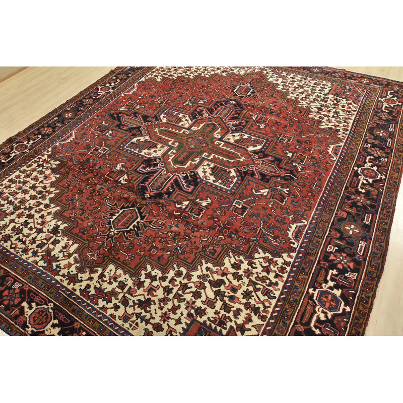 Tapis oriental rétro en laine rouge noué à la main 8 pi 6 po x 10 pi 3 po Tribal