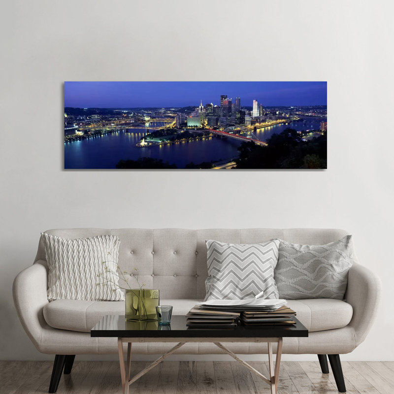 Buildings Along a River Lit up at Dusk, Monongahela River, Pittsburgh, Allegheny County, Pennsylvania, USA 1 Piece Wrapped Canvas Panoramic Wall Art