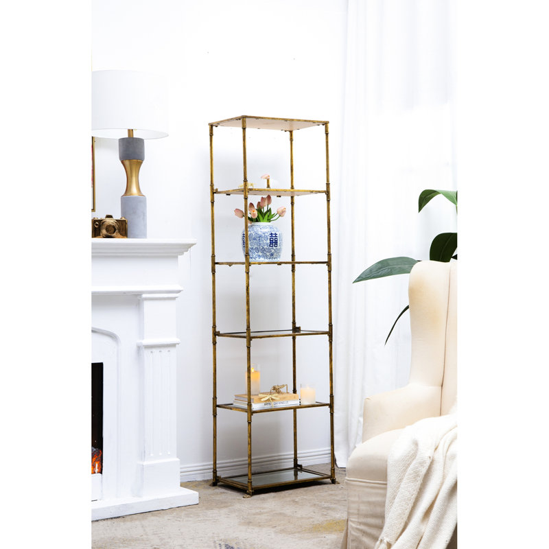 Étagère à miroir à six niveaux en or vieilli avec finition en métal vieilli pour la présentation du salon