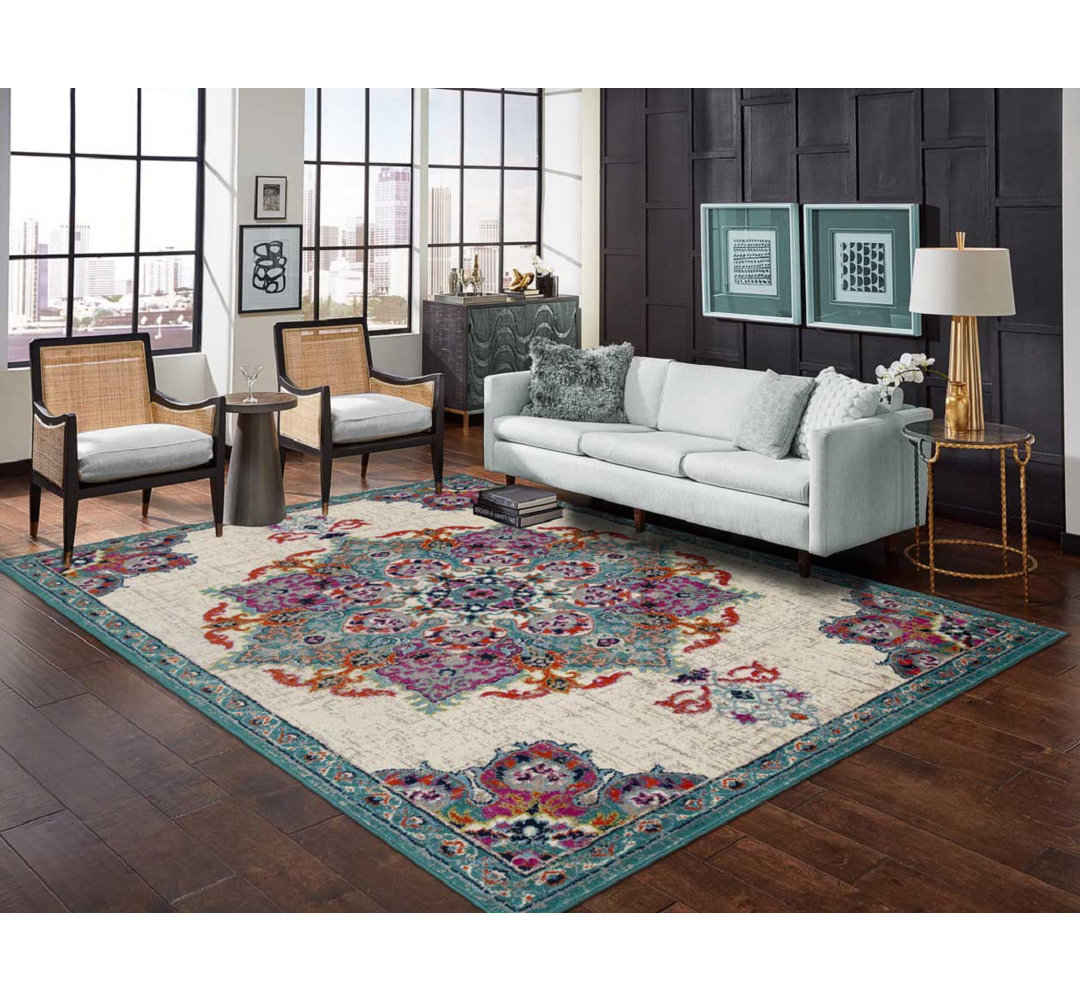 Oriental Wool Blue/Off White Indoor / Outdoor Area Rug Bungalow Rose Rug 