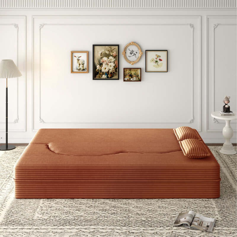 Canapé-lit moderne avec 2 coussins, canapé-lit convertible en velours côtelé rembourré de mousse, matelas pliant double de 15 po pour le salon, lit d'invité, aucun assemblage requis, orange