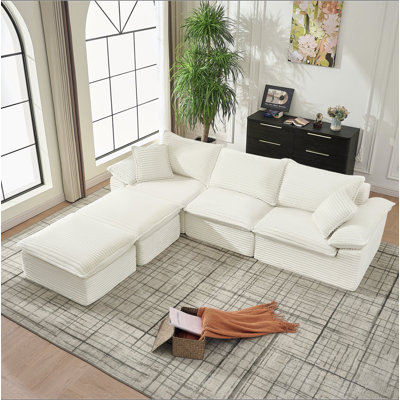 113" Sectional Sofa - U-Shape Sofa-Oversized Corduroy Cloud Couch with Movable Ottoman Soft Modern Comfy and No Assembly Sofa Set for Living Room Apar