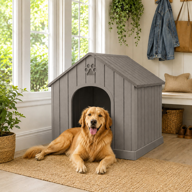 Petite niche pour chien, chenil en résine pour animaux avec plancher surélevé, 38.07" H x 36.26" W x 38.62" D, Light Brown